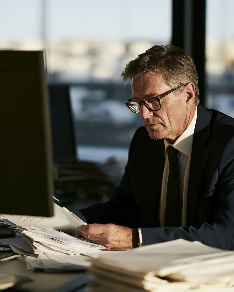 A billing analyst reviewing shipment paperwork beside a screen.