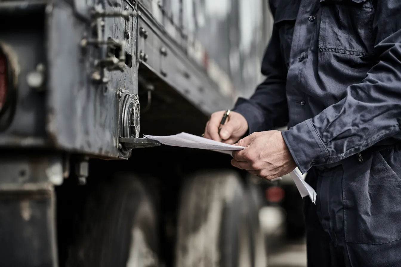 A driver holding delivery paperwork at the rear of a trailer.