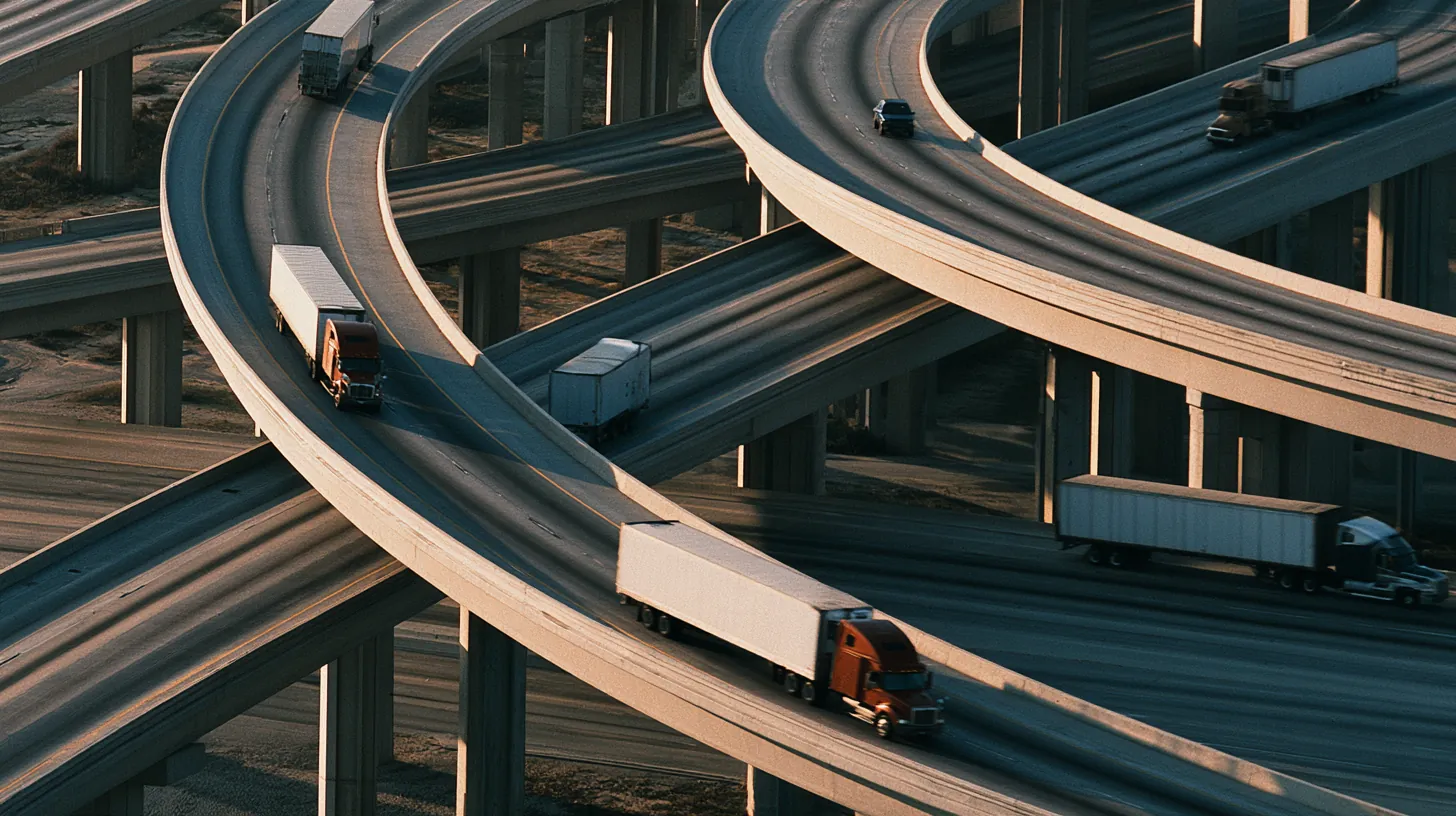 Freight moving through a highway interchange at dusk.