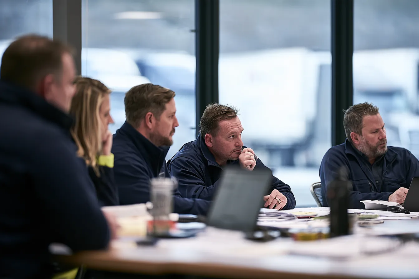 A freight operations and finance team working through figures in a meeting room.