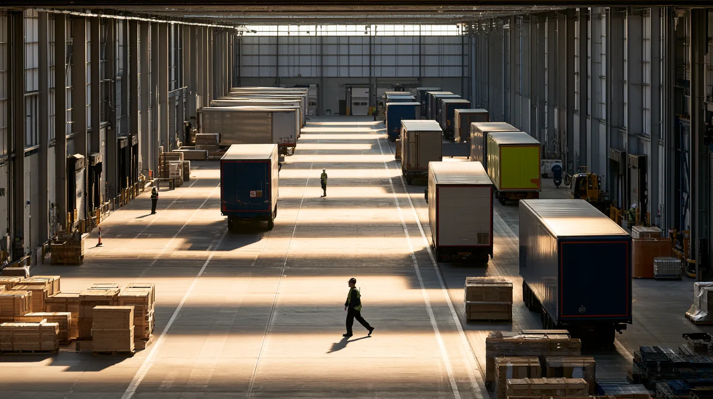 Interior of a high-volume distribution center with trailers backed into dock doors and light falling across the floor.